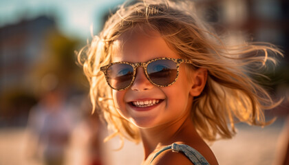 Smiling child outdoors, enjoying summer, wearing sunglasses, carefree and cheerful generated by AI - obrazy, fototapety, plakaty