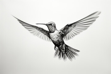 An elegant hummingbird portrayed with delicate lines and shadows, its wings frozen mid-flutter, showcasing the beauty of nature in monochrome.