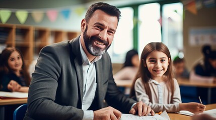 A girl is having a happy time with a male teacher in classroom education.