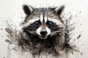 A charming and mischievous raccoon portrayed with lively strokes, its masked face and ringed tail depicted in intricate black and white detail on paper. - obrazy, fototapety, plakaty