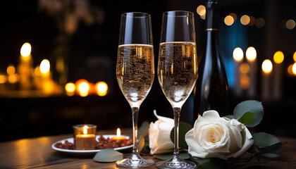 Romantic candlelit celebration, champagne flowing, love and elegance generated by AI