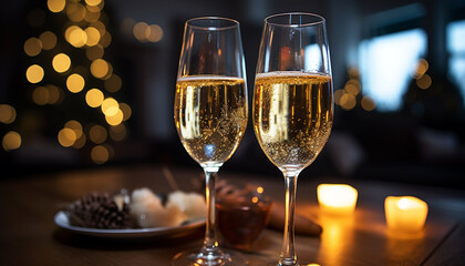 Celebration of luxury, champagne flutes illuminate the night generated by AI