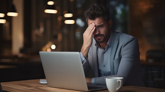 A millennial businessman who works on laptops is frustrated due to a strong headache.