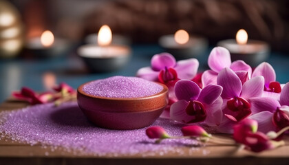 Aromatherapy candle, flower petal, relaxation, luxury spa treatment, purple wellbeing generated by AI