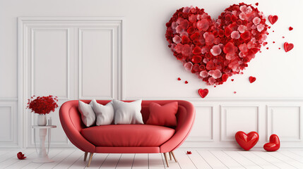 At home Valentine’s Day ideas. A Romantic Living Room Decorated with a Beautiful Heart Made of Red Roses, Perfect for Valentine’s Day or Anniversaries