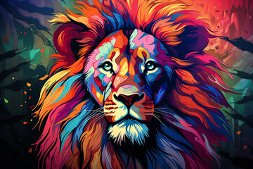 A charismatic anime-inspired lion with a confident stance and captivating mane, illustrated with bold colors and dynamic linework.