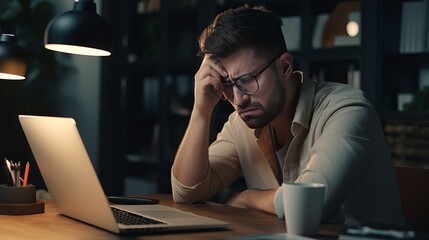 The employee, who is caucasian and has a beard, feels frustrated, tired, and exhausted from working too much. he is calculating accounts while sitting in front of a computer screen due to