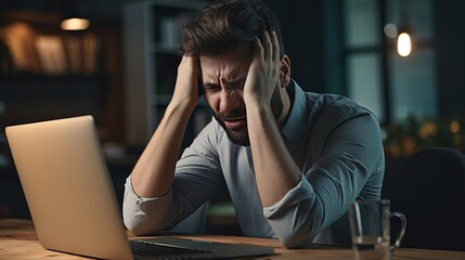 The employee, who is caucasian and has a beard, feels frustrated, tired, and exhausted from working too much. he is calculating accounts while sitting in front of a computer screen due to - obrazy, fototapety, plakaty