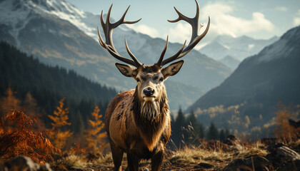 Majestic stag standing in tranquil forest, surrounded by snowy mountains generated by AI
