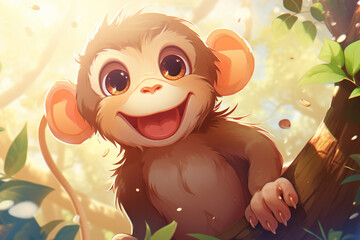A cute and playful anime-style monkey with expressive eyes and a mischievous grin, portrayed in a charming and lively anime aesthetic. - obrazy, fototapety, plakaty