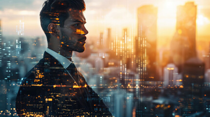 Businessman Contemplating Cityscape at Sunset