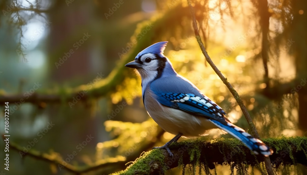 Poster a colorful bird perching on a branch in the forest generated by ai