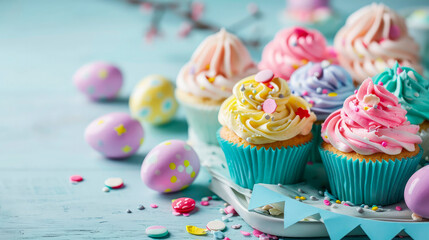 Easter sweets. Colorful cream cupcakes, candy and colored Easter eggs on blue background. Conceptual symbols of Easter. Copy space. - Powered by Adobe