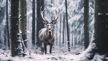 A cute deer in the snow, surrounded by tranquil nature generated by AI