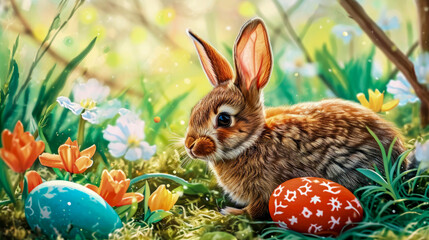 Fototapeta na wymiar Easter colorful eggs and cute little fluffy gray rabbit on among with green grass and spring flowers against blurred forest background. Main conceptual symbols of Easter. Copy space.