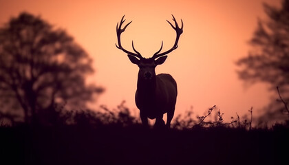 Silhouette of stag grazing in tranquil meadow at sunrise generated by AI