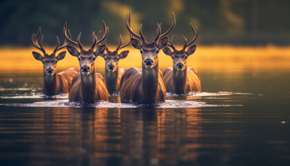 A serene reflection of nature beauty deer in the wild generated by AI - obrazy, fototapety, plakaty