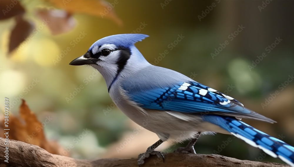 Poster a small blue bird perching on a branch in the forest generated by ai