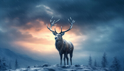 Majestic stag in winter forest, snowing, tranquil scene, wilderness adventure generated by AI