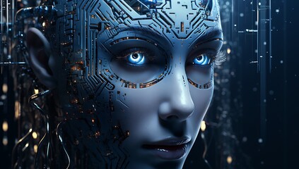 Cyborg woman face with circuit board on dark background 3D rendering