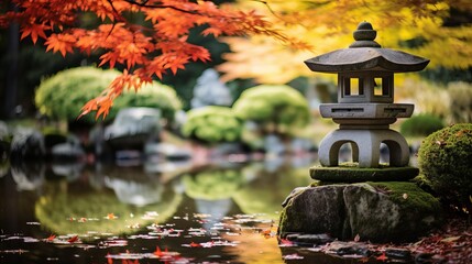 A japanese garden has a small island and a stone lantern on it.