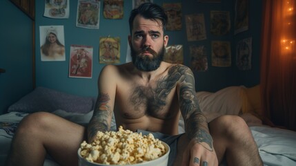 Young man with beard and tattoos eating popcorn - obrazy, fototapety, plakaty