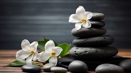 A spa and wellness session that incorporates stones and flowers on a wooden tablecloth.