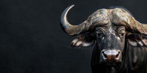 Intense African Buffalo: Detailed Portrait with Majestic Horns on Dark Background