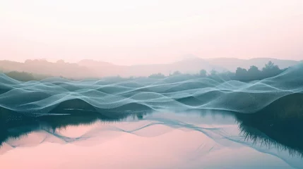Poster AI Artificial Intelligence for Mental Health. serene landscape with digital overlays of calming patterns and AI-generated elements, AI use in creating environments conducive to mental wellness © irissca