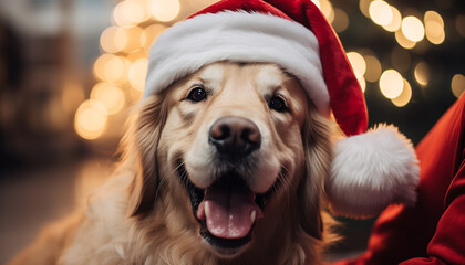 Cute puppy looking at camera, celebrating Christmas joy generated by AI
