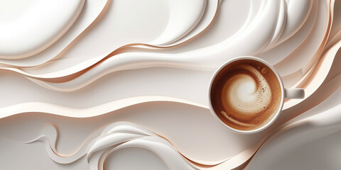 Coffee 3D background, a cup of coffee on a light background with volumetric patterns of smooth lines