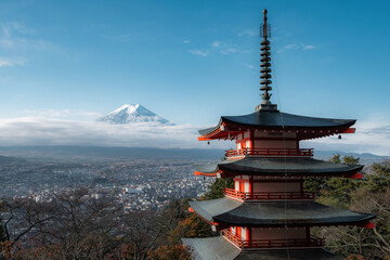 Fototapeta premium Mount Fuji and Chureito Pagoda at sunrise during autumn season, Fujiyoshida, Japan.