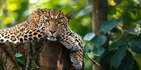Gordijnen Leisure Time: Spotted Leopard Resting on a Log in Verdant Jungle © romanets_v