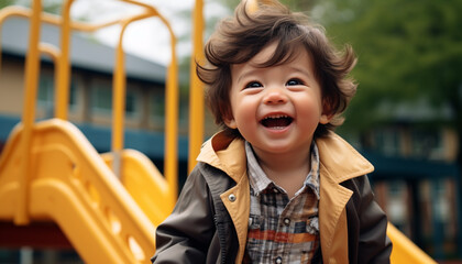 Smiling child, cheerful and cute, brings happiness outdoors Boys playing generated by AI