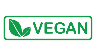 Vegan green vector icon. Organic, bio, eco symbol. Vegan, no meat, lactose free, healthy, fresh and nonviolent food. Rectangl green vector illustration with leaves for stickers, labels, web and logos.