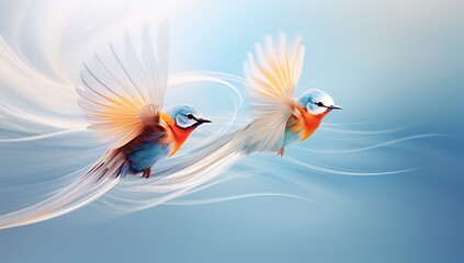 Two birds on a blue background with wings spread.  3d rendering