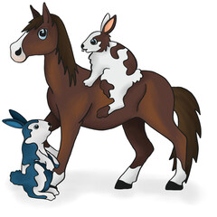 Cute raster illustration for children, cartooned, horse with rabbit friends, lovely colorful character for books