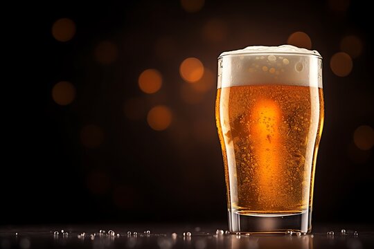 Glass of beer on a dark background with bokeh effect.