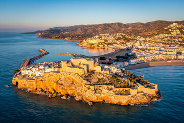 Aerial View of Coastal Town Pe&ntilde;iscola and Beach, Castell&oacute;n, Spain