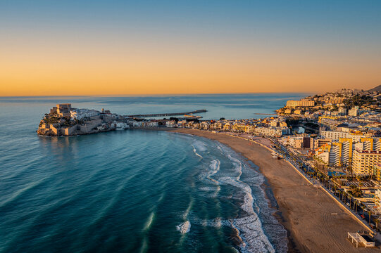 Aerial View of Coastal Town Peñiscola and Beach, Castellón, Spain