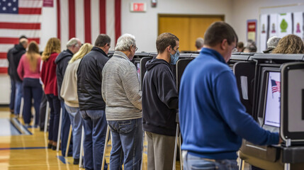 A group of people vote at a polling station for the 2024 United States elections - obrazy, fototapety, plakaty