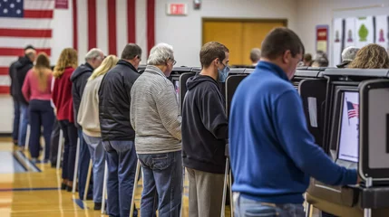 Foto op Plexiglas A group of people vote at a polling station for the 2024 United States elections © photorebelle