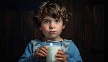 Young Boy Holds Glass of Milk, Isolated on Dark Background