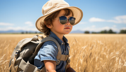 A smiling child in sunglasses enjoys a summer adventure outdoors generated by AI