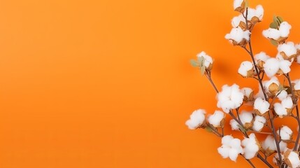 A view of cotton flowers on their branches in an orange scene with a top view.
