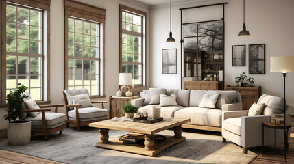 A modern farmhouse living room with rustic accents, 