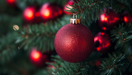 Obraz na płótnie Canvas Shiny Christmas tree ornament hanging on a branch generated by AI