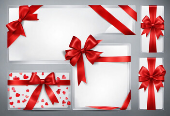 Transparent cards. Banners with realistic red bows and ribbon. Isolated empty gift flyers or voucher, social media stories vector templates