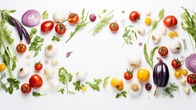 A white background features a variety of fresh vegetables and herbs.