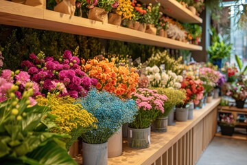 Modern and well-organized flower shop interior brimming with a diverse array of colorful flowers and lush green plants, creating a vibrant atmosphere..